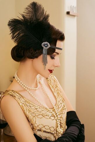SWEETV Flapper Headbands Womens 1920s Headpiece Great Gatsby Inspired Feather Headband Cocktail Party Rhinestone Hair Accessories for Women, Black in Saudi Arabia