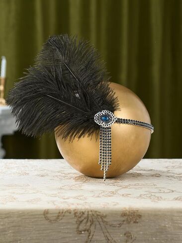 SWEETV Flapper Headbands Womens 1920s Headpiece Great Gatsby Inspired Feather Headband Cocktail Party Rhinestone Hair Accessories for Women, Black in Saudi Arabia