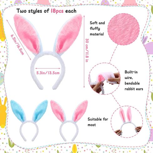 36 Pcs Easter Bunny Ears Headband Cute Plush Rabbit Ears Hairbands Bunny Costume for Adult Kids Easter Party Favors in Kuwait
