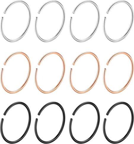 Vegolita 12Pcs 316L Surgical Steel Nose Rings Hoop Hypoallergenic Helix Cartilage Earring Lip Ring Body Piercing Jewelry 18G 20G 22G 7MM to 12MM Diameter in Saudi Arabia