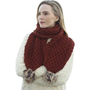Aran Crafts Irish Cable Knit Wool Faux Fur Pom Scarf 10"x64" (100% Merino Wool)