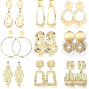 FIASASO 9 أزواج مشبك على الأقراط للنساء تتدلى على شكل دمعة شبه منحرف مربع مستطيل الكرة ذهبية فضية معدنية هندسية كليب على الأقراط غير ثقب الأقراط in Kuwait