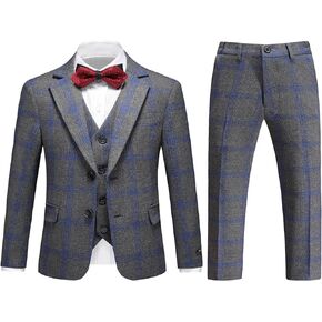 Boys Slim Fit Suit Tuxedo for Boy Check Plaid 3 Piece Suit Set for Kid Formal Boys Dress Clothes Wedding Ring Bearer Outfit