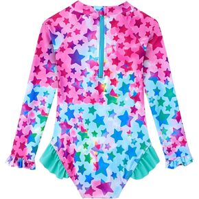 Baby Toddler Girl Long Sleeve Ruffle Swimsuit One Piece Zipper Rash Guard Bathing Suit with UPF 50+ Sun Protection