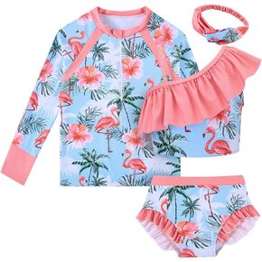 Funnycokid Girls Swimsuit 4 Piece Rash Guard Ruffle Tankini Set Long Sleeve Bathing Suits Swimwear 5-12Y