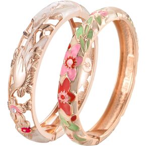 wynameleri Vintage Cloisonne Jewelry Gorgeous Rhinestone Handcrafted Bracelets Enamel Flower Bird Gold Hinged Cuff Bangles Gifts 88A