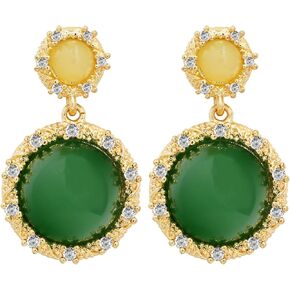 STERT Natural Round Emerald Green Agate 925 Sterling Silver Halo Leverback Dangle Earrings (Half Round Beads)