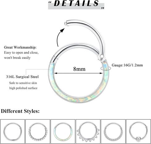 CASSIECA 18G 16G حلقات الأنف الفولاذية الجراحية هوب الفرس الحاجز خواتم للنساء الرجال تشيكوسلوفاكيا أوبال الغضروف هوب أقراط هيليكس دايث روك الشفاه محارة هوب الجسم ثقب المجوهرات 8 مم 10 مم in Kuwait