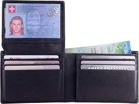 محفظة سفر جلدية رفيعة من ديلورو RFID للرجال ثنائية الطي مع نوافذ لبطاقة الهوية (أسود نابا) in Saudi Arabia