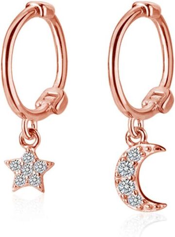 أقراط دائرية صغيرة من Dainty Moon Star من الفضة الإسترليني للنساء والفتيات المراهقات غير متماثلة من الكريستال CZ المتدلي الغضروف الصغير من Huggie Hoops 8 مم مجوهرات in Saudi Arabia