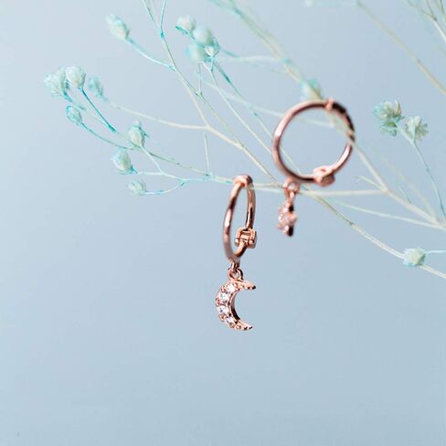 أقراط دائرية صغيرة من Dainty Moon Star من الفضة الإسترليني للنساء والفتيات المراهقات غير متماثلة من الكريستال CZ المتدلي الغضروف الصغير من Huggie Hoops 8 مم مجوهرات in Saudi Arabia