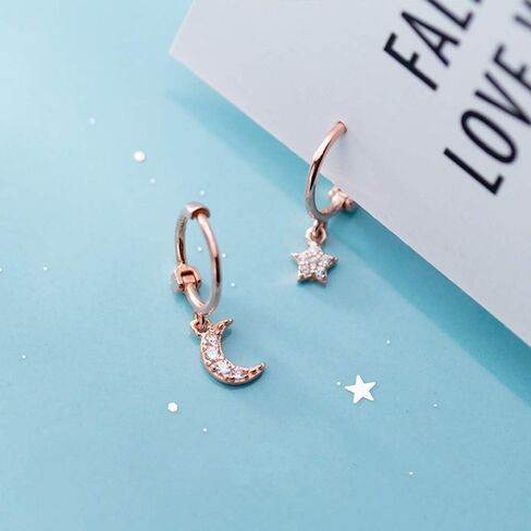 أقراط دائرية صغيرة من Dainty Moon Star من الفضة الإسترليني للنساء والفتيات المراهقات غير متماثلة من الكريستال CZ المتدلي الغضروف الصغير من Huggie Hoops 8 مم مجوهرات in Saudi Arabia