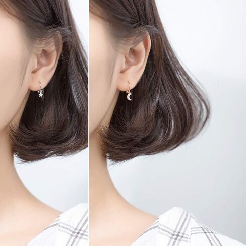 أقراط دائرية صغيرة من Dainty Moon Star من الفضة الإسترليني للنساء والفتيات المراهقات غير متماثلة من الكريستال CZ المتدلي الغضروف الصغير من Huggie Hoops 8 مم مجوهرات in Saudi Arabia