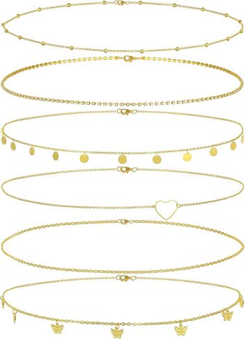 Akeoqi 6 قطع سلاسل خصر مطلية بالذهب عيار 18 قيراط خرز تشيكوسلوفاكيا لؤلؤ ترتر فراشة قلب سلسلة بطن صيفية للشاطئ بيكيني سلاسل الجسم مجموعة مجوهرات مثيرة للنساء قابلة للتعديل (29.5 بوصة + 7.8 بوصة) in Kuwait