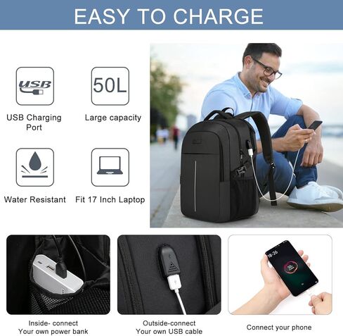 Backpack for Men,Extra Large 50L Travel Backpack with USB Charging Port,Laptop Backpack 17 Inch Water Resistant Big Capacity Heavy Duty Computer Bag TSA Approved Business College School Bookbags,Black in Kuwait