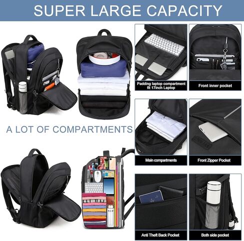 Backpack for Men,Extra Large 50L Travel Backpack with USB Charging Port,Laptop Backpack 17 Inch Water Resistant Big Capacity Heavy Duty Computer Bag TSA Approved Business College School Bookbags,Black in Kuwait