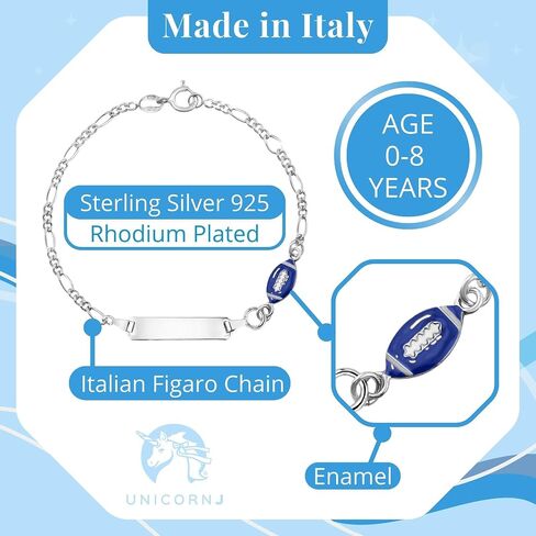 UNICORNJ 925 Italy Sterling Silver Child or Baby Name Bracelet Girls Boys, Personalized Engraved Kids ID Bracelets, 6.5" Figaro Chain, Enamel Charm Newborn Infant Toddler Kid Jewelry in Saudi Arabia