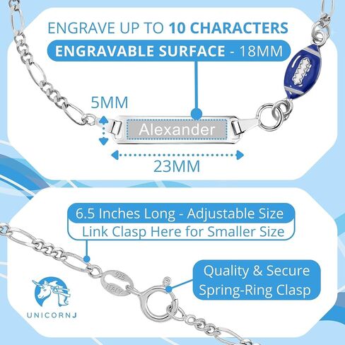 UNICORNJ 925 Italy Sterling Silver Child or Baby Name Bracelet Girls Boys, Personalized Engraved Kids ID Bracelets, 6.5" Figaro Chain, Enamel Charm Newborn Infant Toddler Kid Jewelry in Saudi Arabia