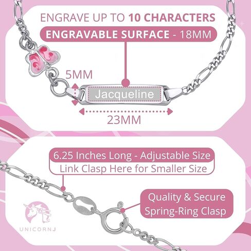 UNICORNJ 925 Italy Sterling Silver Child or Baby Name Bracelet Girls Boys, Personalized Engraved Kids ID Bracelets, 6.5" Figaro Chain, Enamel Charm Newborn Infant Toddler Kid Jewelry in Saudi Arabia