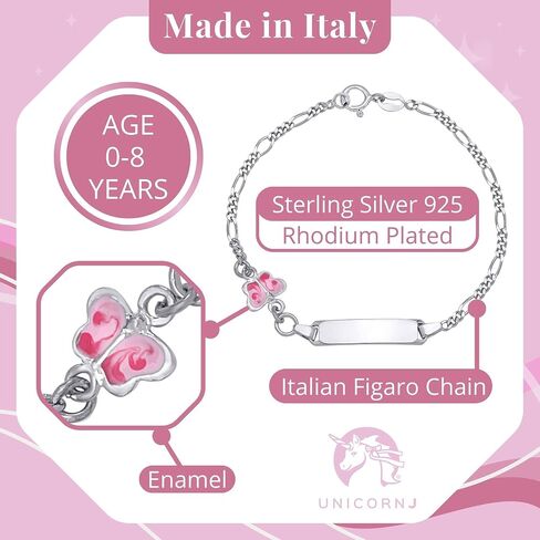 UNICORNJ 925 Italy Sterling Silver Child or Baby Name Bracelet Girls Boys, Personalized Engraved Kids ID Bracelets, 6.5" Figaro Chain, Enamel Charm Newborn Infant Toddler Kid Jewelry in Saudi Arabia