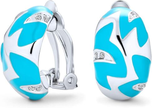 Geometric Simulated Turquoise Blue Enamel Zig Zag Half Hoop Clip On Earrings For Women Silver Plated Brass in Saudi Arabia