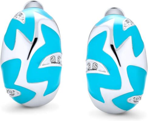 Geometric Simulated Turquoise Blue Enamel Zig Zag Half Hoop Clip On Earrings For Women Silver Plated Brass in Saudi Arabia