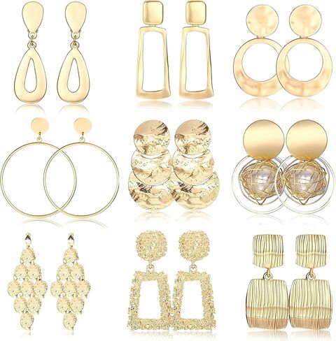 FIASASO 9 أزواج مشبك على الأقراط للنساء تتدلى على شكل دمعة شبه منحرف مربع مستطيل الكرة ذهبية فضية معدنية هندسية كليب على الأقراط غير ثقب الأقراط in Kuwait