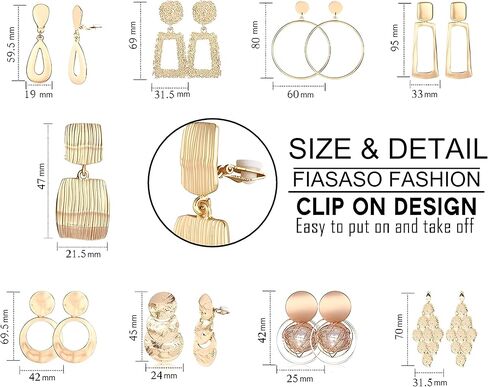 FIASASO 9 أزواج مشبك على الأقراط للنساء تتدلى على شكل دمعة شبه منحرف مربع مستطيل الكرة ذهبية فضية معدنية هندسية كليب على الأقراط غير ثقب الأقراط in Kuwait