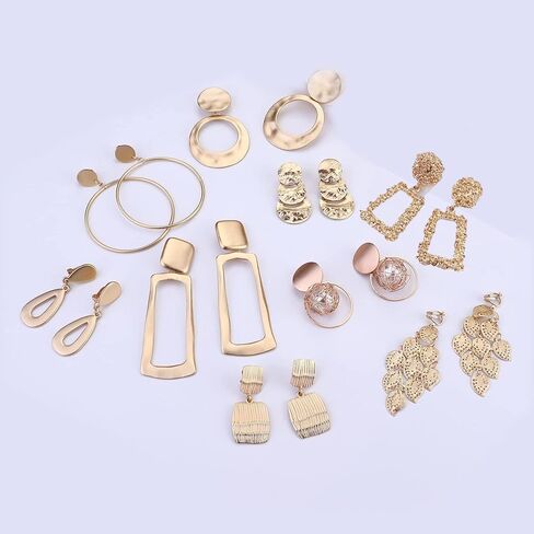 FIASASO 9 أزواج مشبك على الأقراط للنساء تتدلى على شكل دمعة شبه منحرف مربع مستطيل الكرة ذهبية فضية معدنية هندسية كليب على الأقراط غير ثقب الأقراط in Kuwait