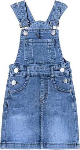 Girls Casual Denim Overalls Stretch Material Dress Button Sleeveless Ajustable Strap Jean Fashion Wear 3-11T in Kuwait