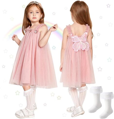 Layered 3D Butterfly Tutu Dress 1-6Years Toddler Girls Sleeveless Tulle Butterfly Wing Fairy Dress with Socks in Saudi Arabia