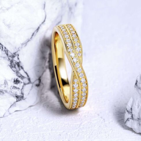 Amourajewels خواتم ألماس حقيقية للنساء، عصابات زفاف ألماس ذهبية ملتوية لها، خواتم ألماس S925 مطلية بالذهب عيار 18 قيراط، خواتم الذكرى السنوية من الذهب الأصفر، حلقات نصف الخلود قابلة للتكديس in Kuwait