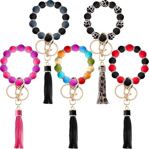 JaGely 5 Pieces Silicone Key Ring Bracelet for Women, 5 Styles Elastic Beaded Wristlet Key Ring Key Holder with Zircon and Tassel Gifts for Women and Girls in Saudi Arabia