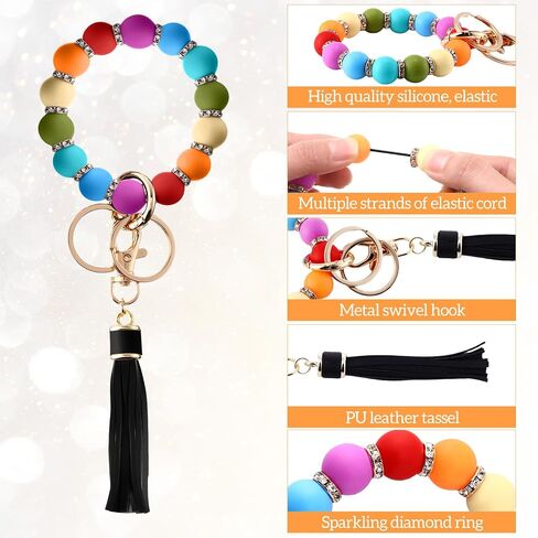 JaGely 5 Pieces Silicone Key Ring Bracelet for Women, 5 Styles Elastic Beaded Wristlet Key Ring Key Holder with Zircon and Tassel Gifts for Women and Girls in Saudi Arabia