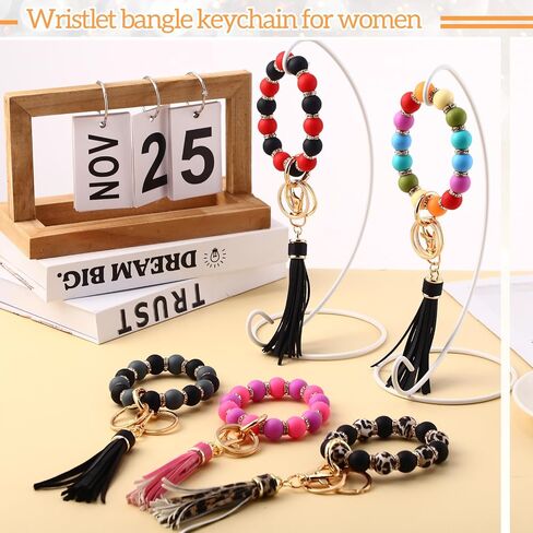 JaGely 5 Pieces Silicone Key Ring Bracelet for Women, 5 Styles Elastic Beaded Wristlet Key Ring Key Holder with Zircon and Tassel Gifts for Women and Girls in Saudi Arabia