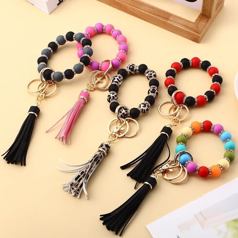 JaGely 5 Pieces Silicone Key Ring Bracelet for Women, 5 Styles Elastic Beaded Wristlet Key Ring Key Holder with Zircon and Tassel Gifts for Women and Girls in Saudi Arabia