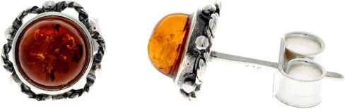 SilverAmber Jewellery - Classic Genuine Baltic Amber 925 Sterling Silver Antique Look Bloom Button Ball Studs Round Earrings 5940 in Saudi Arabia