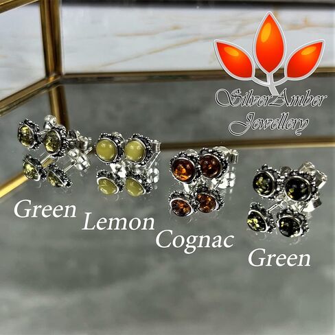 SilverAmber Jewellery - Classic Genuine Baltic Amber 925 Sterling Silver Antique Look Bloom Button Ball Studs Round Earrings 5940 in Saudi Arabia