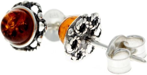 SilverAmber Jewellery - Classic Genuine Baltic Amber 925 Sterling Silver Antique Look Bloom Button Ball Studs Round Earrings 5940 in Saudi Arabia