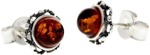 SilverAmber Jewellery - Classic Genuine Baltic Amber 925 Sterling Silver Antique Look Bloom Button Ball Studs Round Earrings 5940 in Saudi Arabia