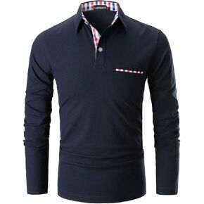 LUJENGEFA Mens Polo Shirts Long Sleeve Casual Plaid Collar Golf Shirt for Men Slim Fit Cotton Polo T Shirts Top
