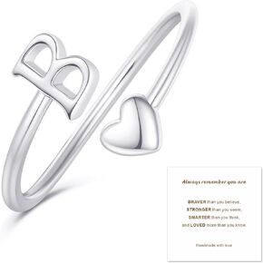 Silver Initial Rings for Women Teen Girls,Silver Plated Heart Initial Ring Stackable Rings for Women Adjustable Initial Rings for Teen Girls Cute Heart Alphabet Letter Rings for Teen Girls