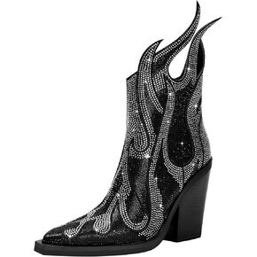 Feinlina Women's Rhinestone Flame Pointed Toe Block Chunky Heeled Boots Fashion Sparkly Cowboy Ankle Booties in Kuwait