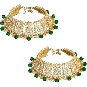 I Jewels Indian Bollywood Gold Plated Wedding Set of 2 Anklet Payal Faux Kundan Studded Charm Ankle Bracelet Ethnic Fashion Barefoot Jewelry For Women (A022)