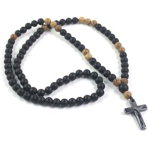 Handmade Wooden Resin Crucifix Rosary Beads Chain Pendant Necklace Colorful Love Heart Catholic Cross Virgin Mary Jesus Necklace for Women Girl Men Boy Religious Lord Praying Jewelry Gift