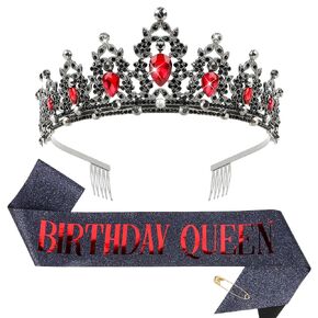 CIEHER Black Crown + Black Birthday Girl Sash Set, Birthday Girl Crown Birthday Crowns for Women Birthday Sash, Birthday Decorations Birthday Gifts