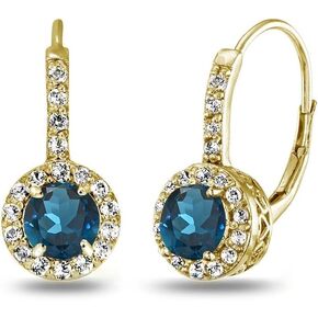 Sterling Silver London Blue Topaz & White Topaz Round Dainty Halo Leverback Drop Earrings for Women Girls in Kuwait