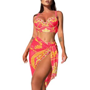 Narecte Women's 3 Piece Swimsuits BohoFeel Print Bikini Set with Cover Up Skirt Sexy Swimsuit Bathing Suits for Women