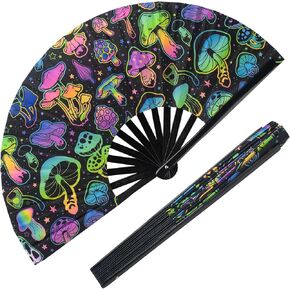 ERDOGLY Large Rave Hand Fan, UV Glow Rave Folding Fan, Festival Handheld Clack Fan for Men/Women, Mushrooms Fabric Folding Fan for Party, Music, EDM, Drag Queene Dance Performance Decoration Gift in Kuwait