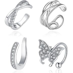 Besyvvin 4pcs Ear Cuff for Women Stainless Steel Fake Non Piercing Clips on Helix Cartilage Earrings with Cross CZ Butterfly in Saudi Arabia